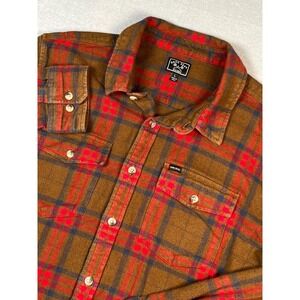 VTG‎ DARK SEAS DIVISION Flannel button Shirt Large Brown Red Blue Plaid Cotton